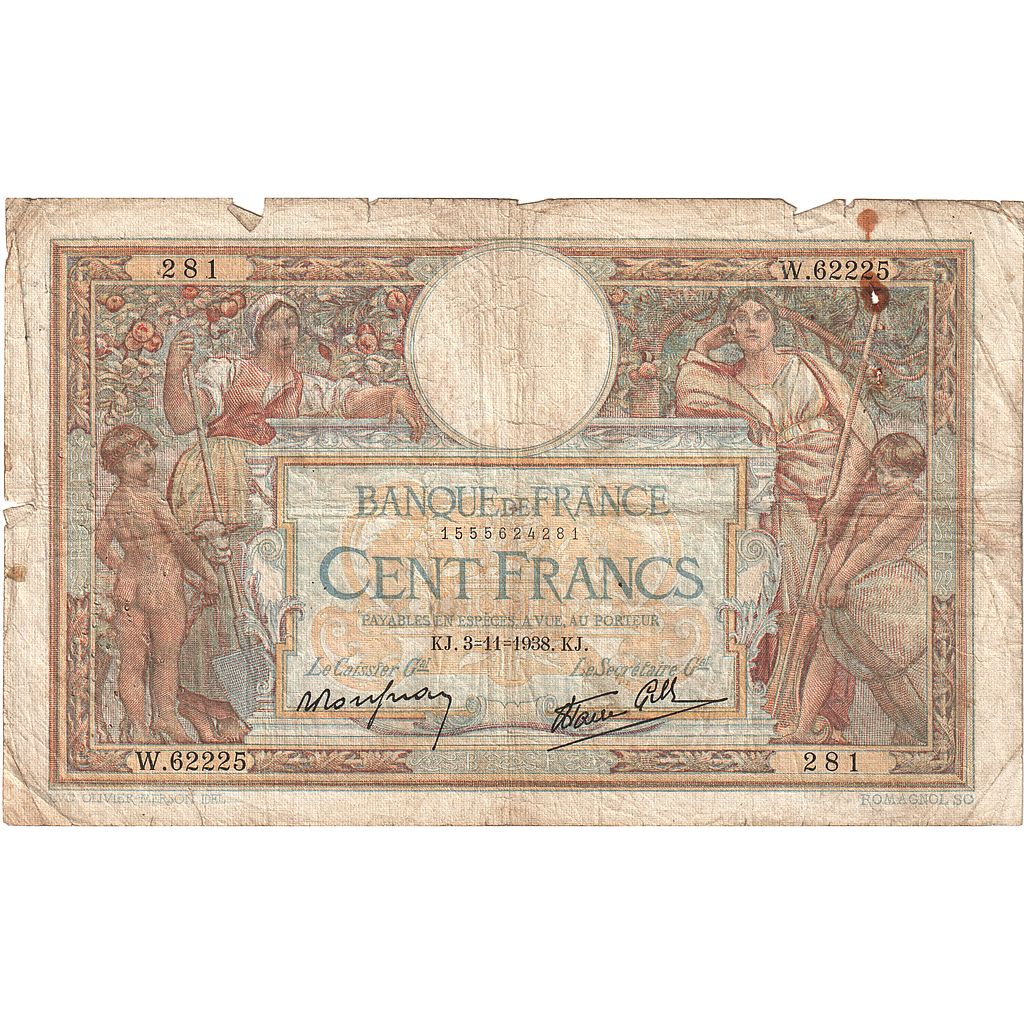France, 100 Francs, Luc Olivier Merson, 1938, W.62225, B, Fayette:25.34, KM:86b