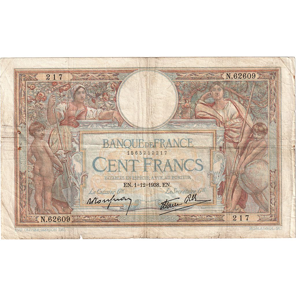 France, 100 Francs, Luc Olivier Merson, 1938, N.62609, TB, Fayette:25.35, KM:86b