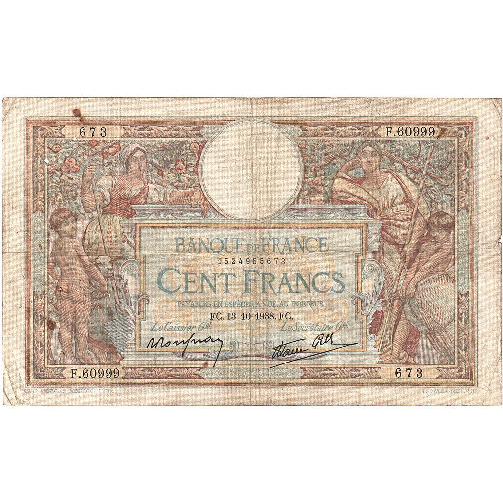 Francia, 100 Francs, Luc Olivier Merson, 1938, F.60999, B+, Fayette:25.31