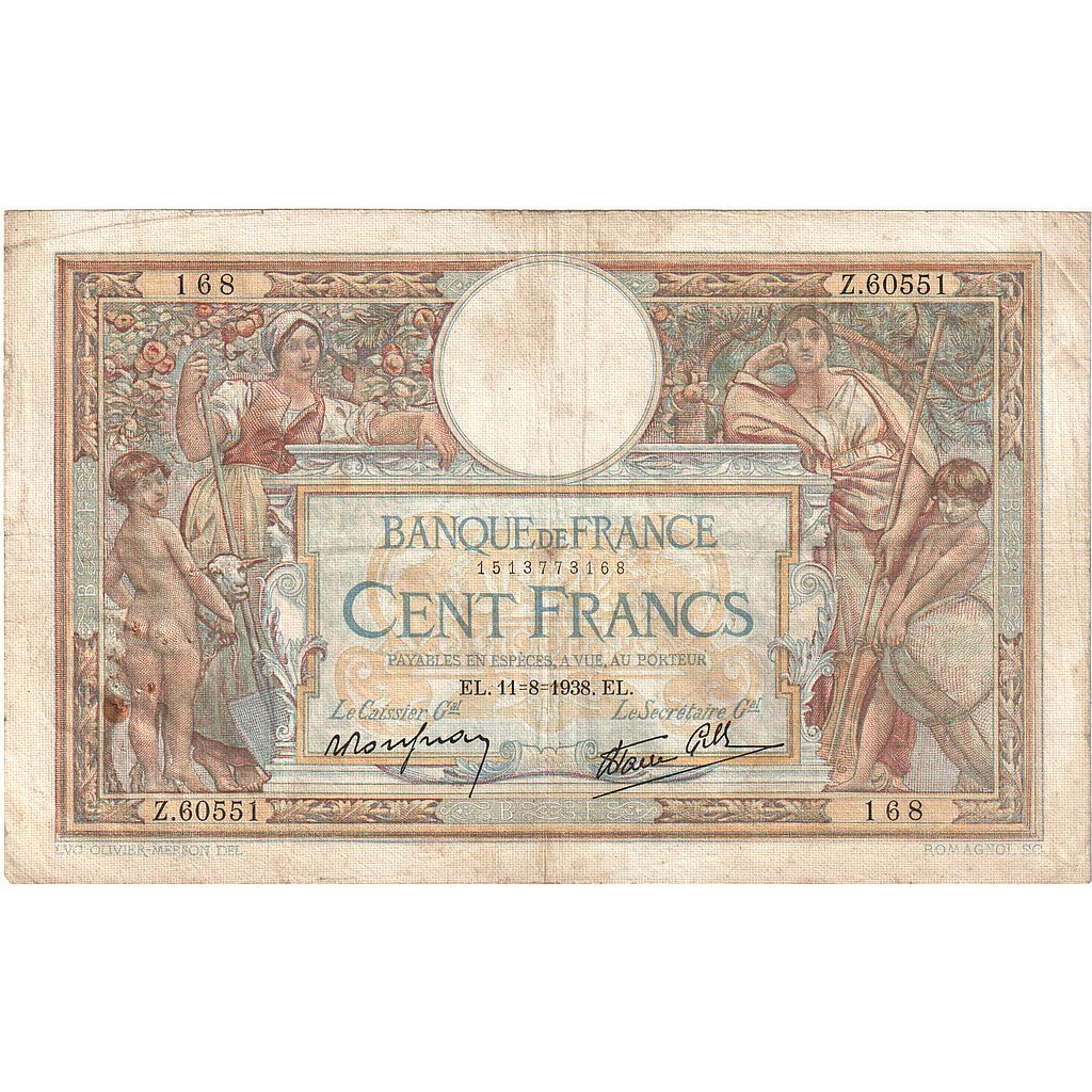 France, 100 Francs, Luc Olivier Merson, 1938, Z.60551, VF(20-25), Fayette:25.28