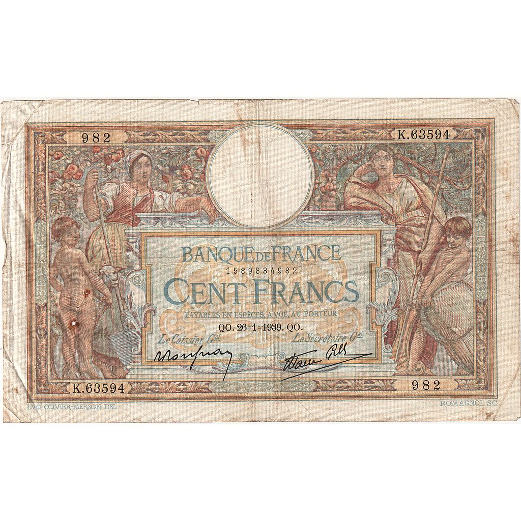 Francja, 100 Francs, Luc Olivier Merson, 1939, K.63594, F(12-15), Fayette:25.40