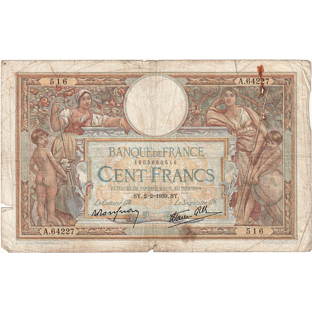 Francja, 100 Francs, Luc Olivier Merson, 1939, A.64227, AG(1-3), Fayette:25.41