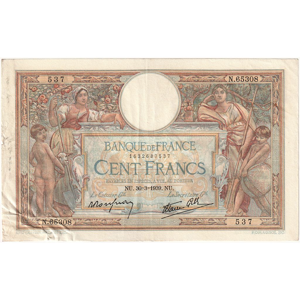 Francja, 100 Francs, Luc Olivier Merson, 1939, N.65308, VF(30-35)