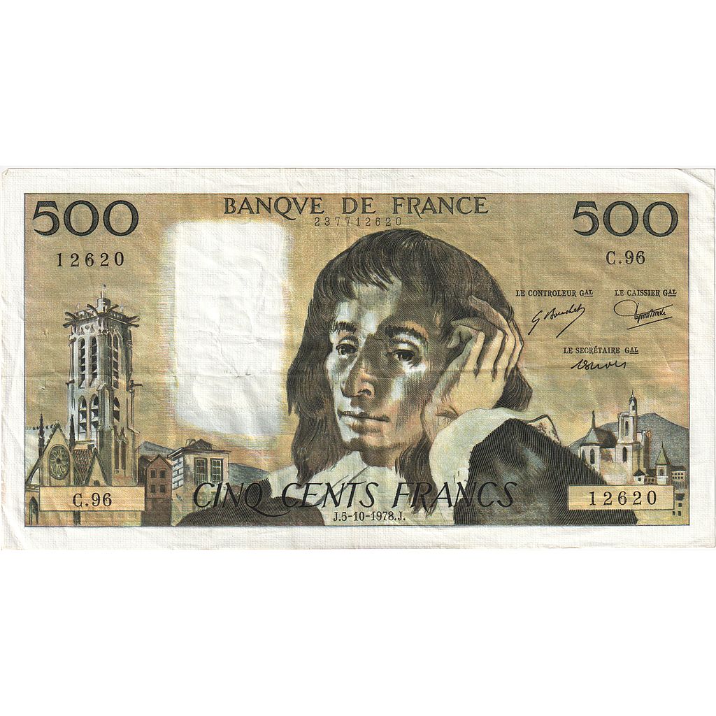 Francia, 500 Francs, Pascal, 1978, C.96, BB+, Fayette:71.18, KM:156d