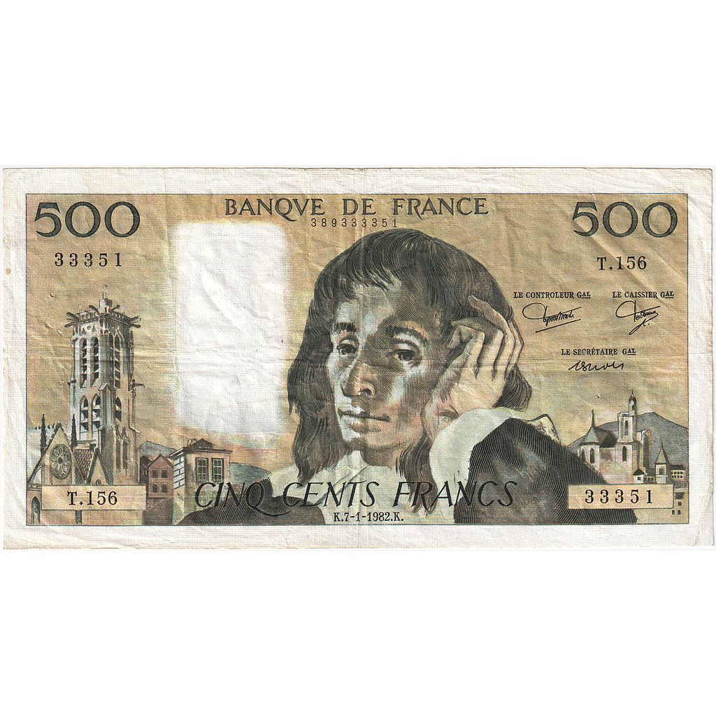 France, 500 Francs, Pascal, 1982, T.156, EF(40-45), Fayette:71.26, KM:156e