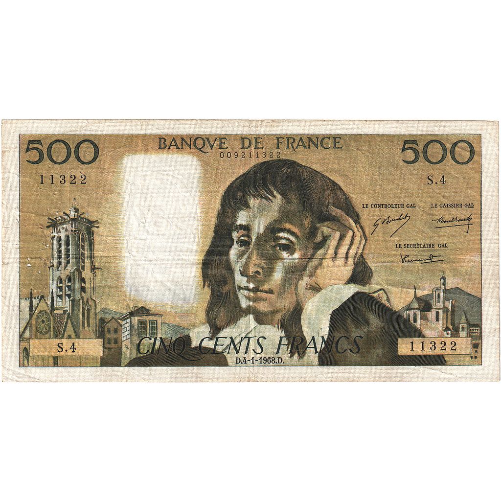 France, 500 Francs, Pascal, 1968, S.4, VF(30-35), Fayette:71.01, KM:156a