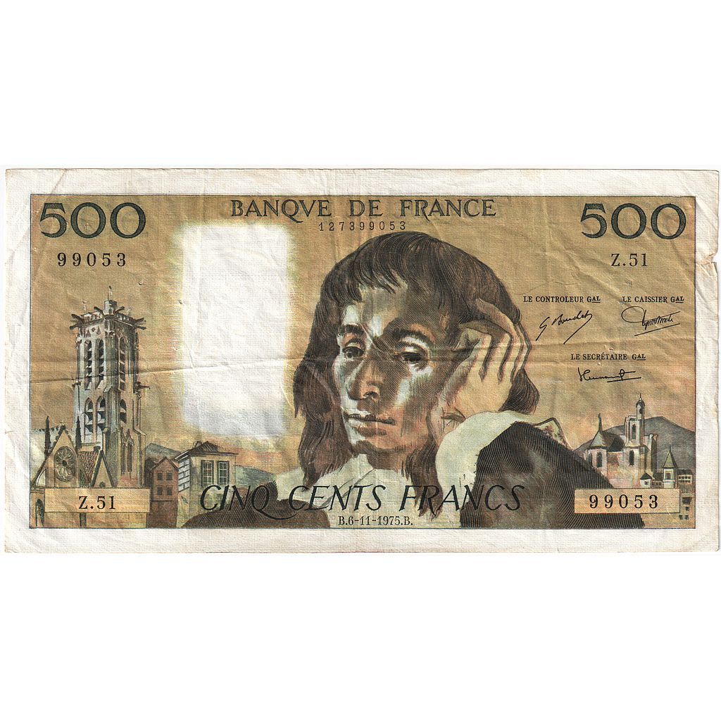 France, 500 Francs, Pascal, 1975, Z.51, VF(30-35), Fayette:71.13, KM:156c