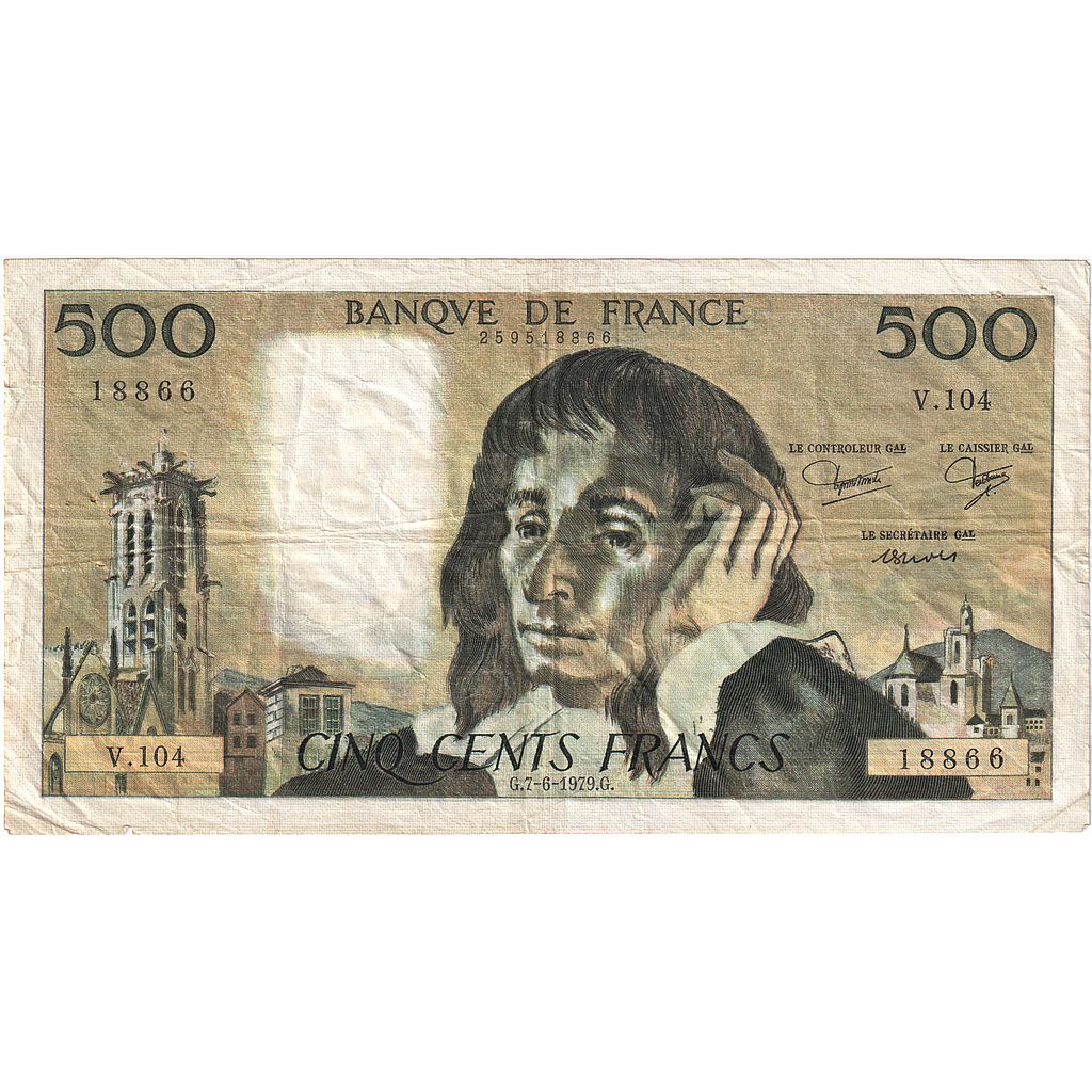 France, 500 Francs, Pascal, 1979, V.104, VF(30-35), Fayette:71.20, KM:156e