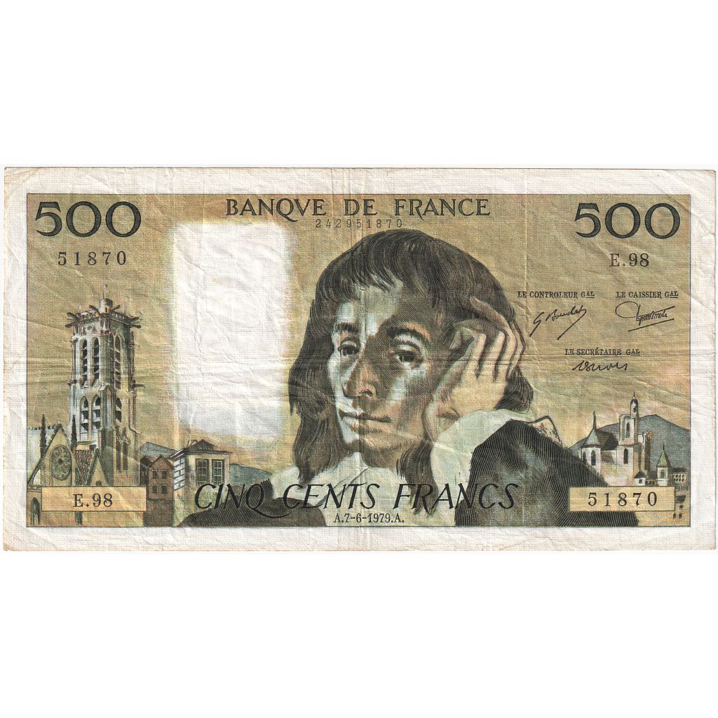 France, 500 Francs, Pascal, 1979-06-07, E.98, VF(30-35)