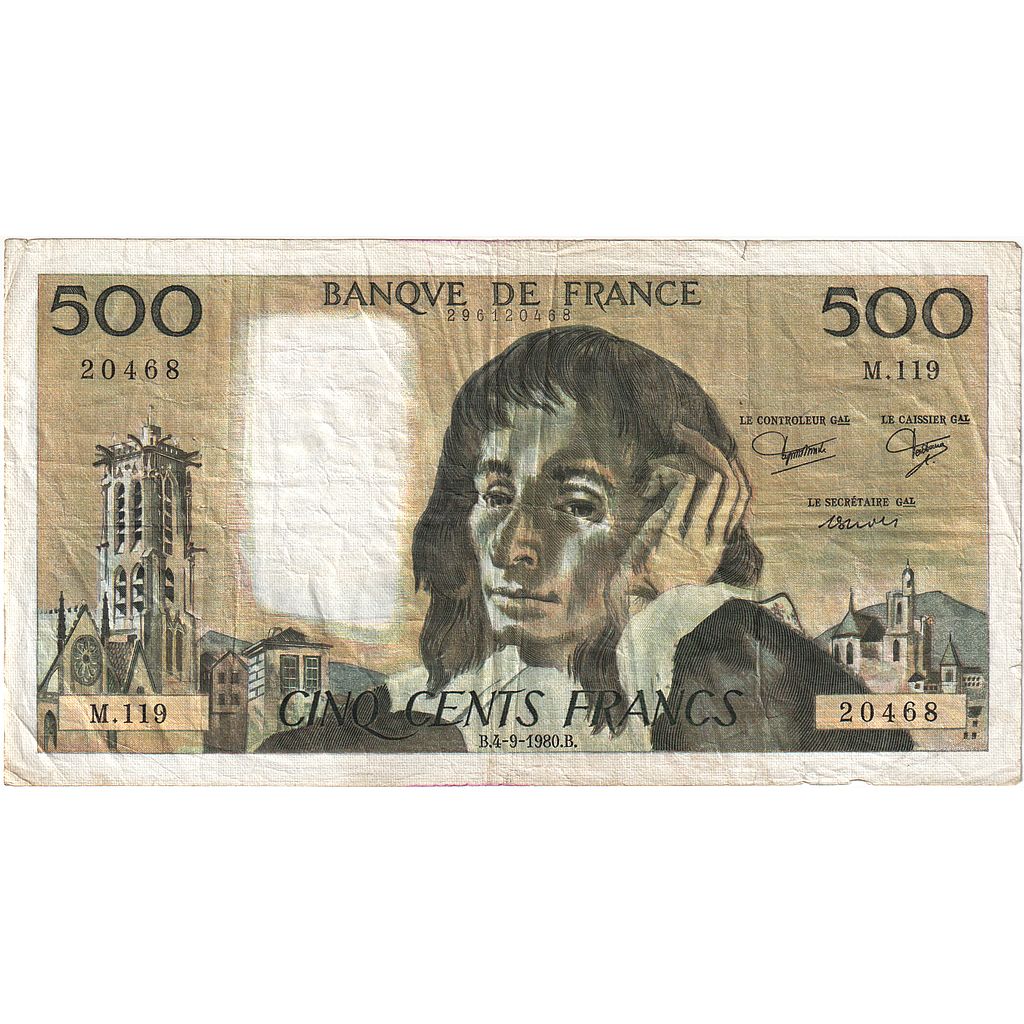 Frankreich, 500 Francs, Pascal, 1980, M.119, S+, Fayette:71.22, KM:156e