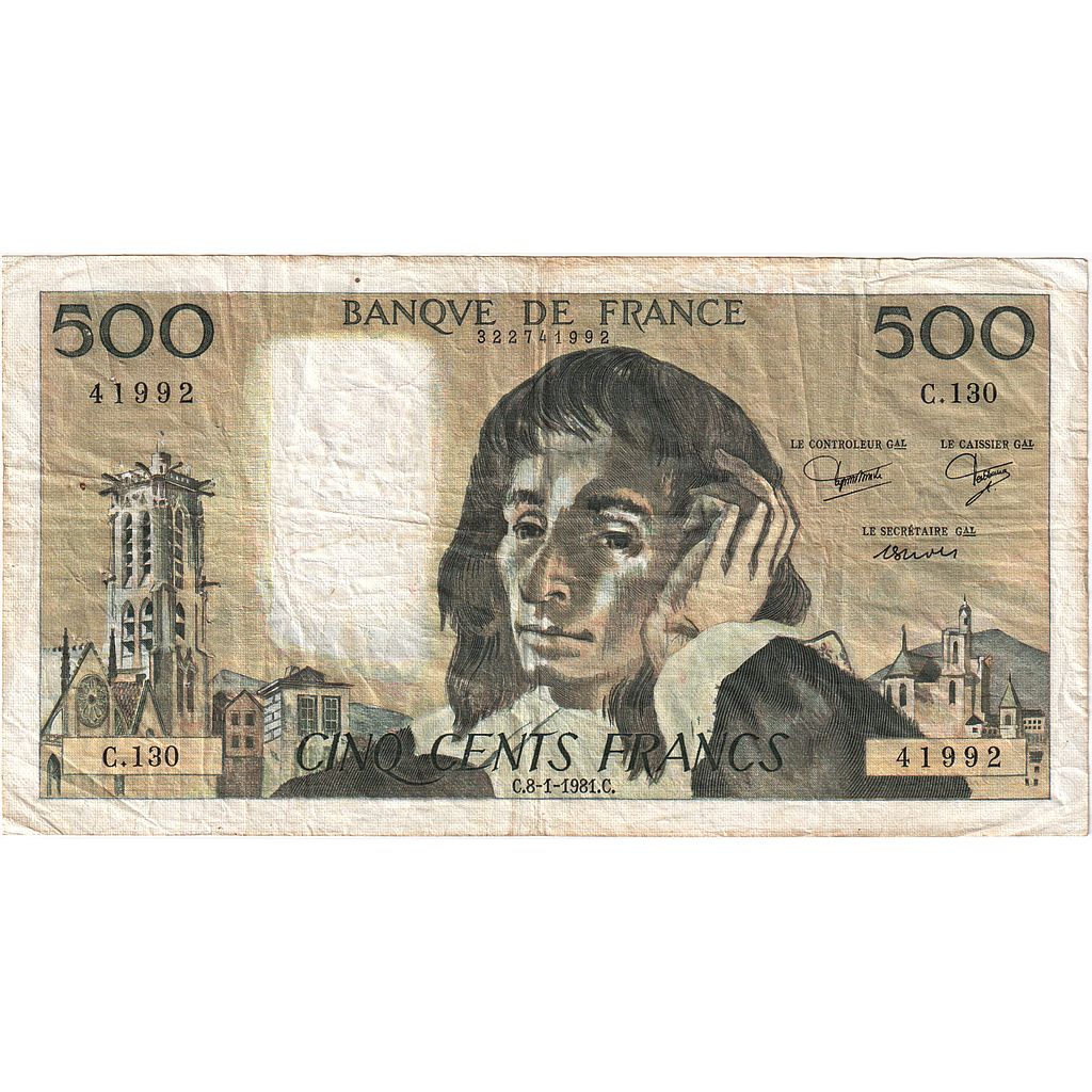 Francja, 500 Francs, Pascal, 1981, C.130, VF(30-35), Fayette:71.23, KM:156e