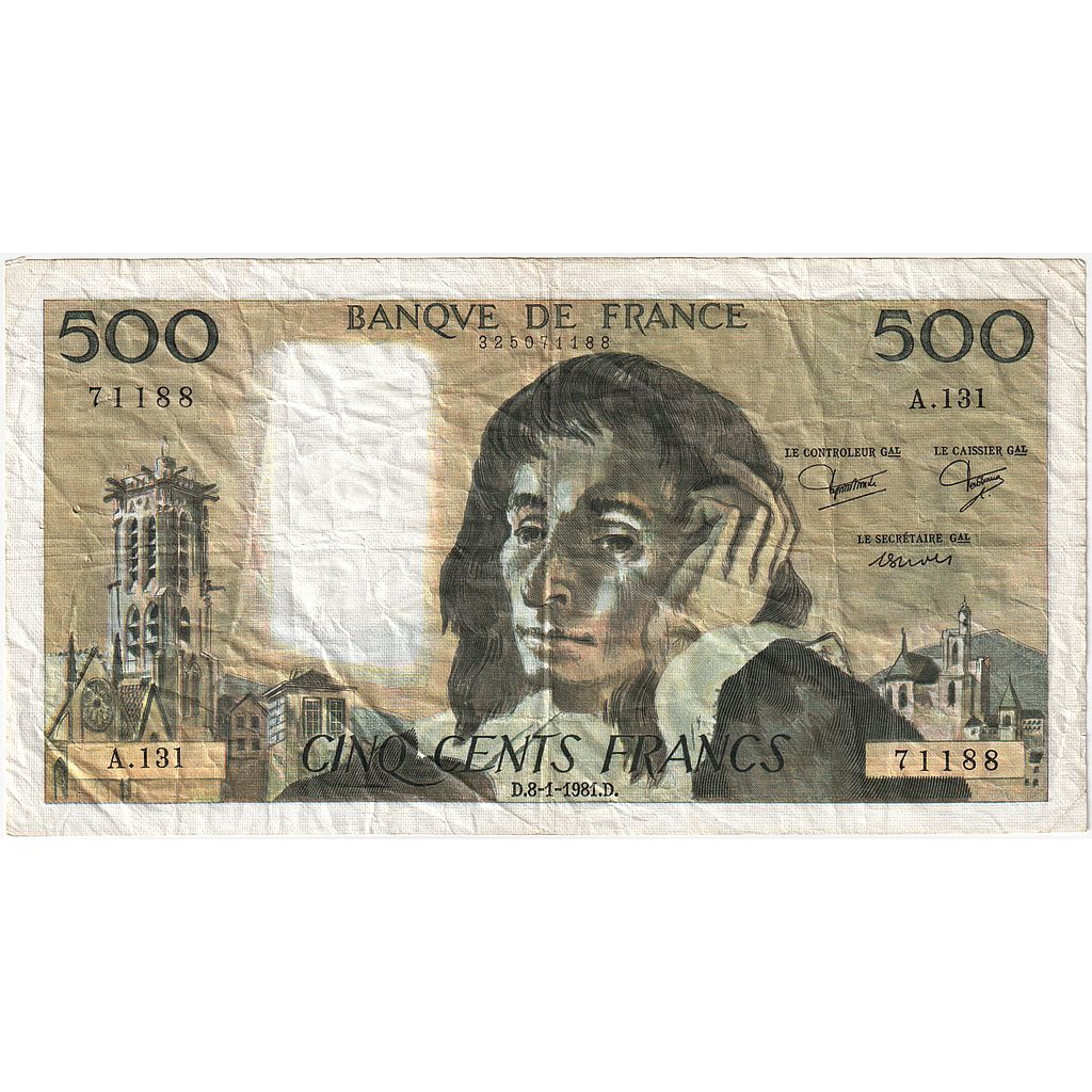 Frankreich, 500 Francs, Pascal, 1981, A.131, S+, Fayette:71.23, KM:156e