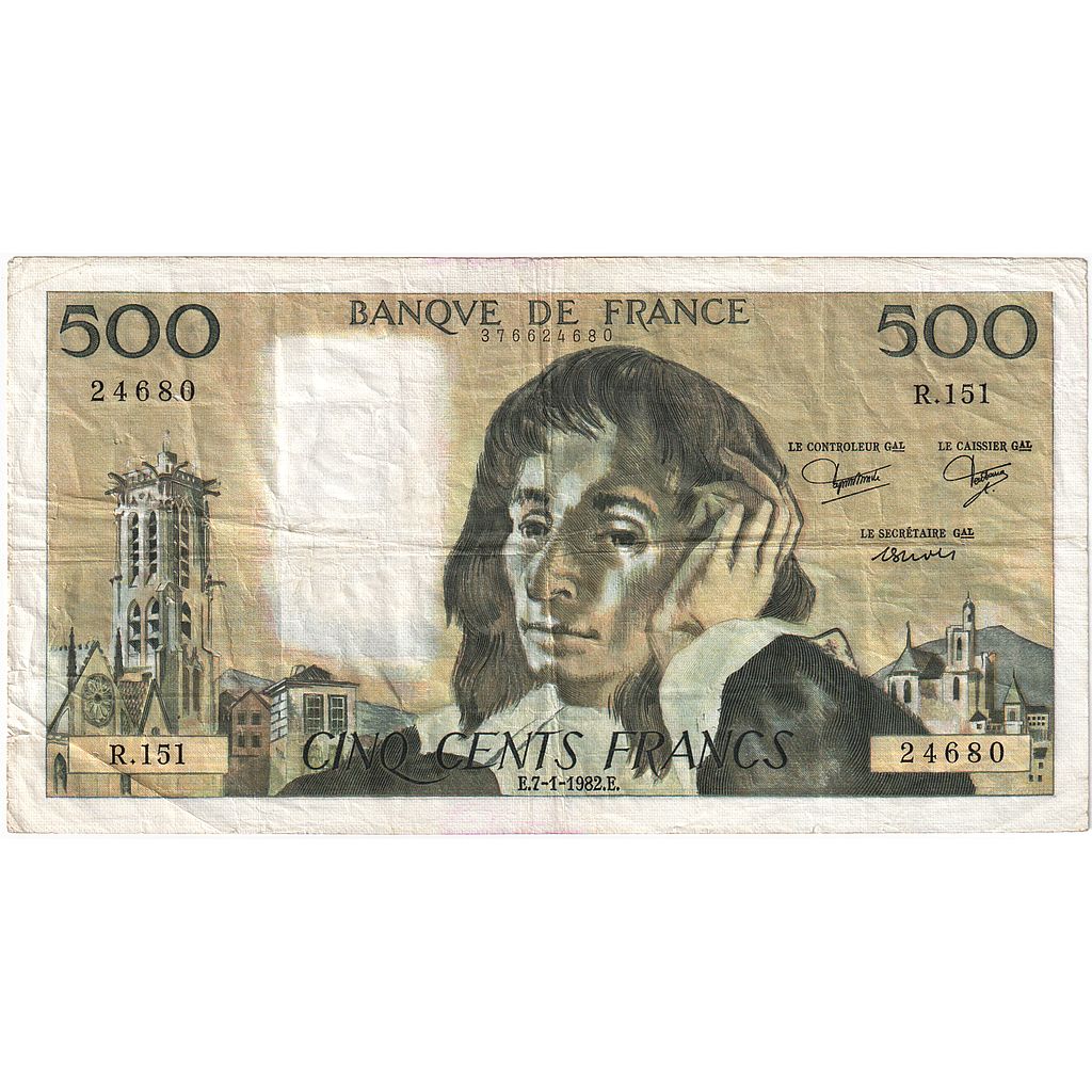 França, 500 Francs, Pascal, 1982, R.151, VF(30-35), Fayette:71.26, KM:156e