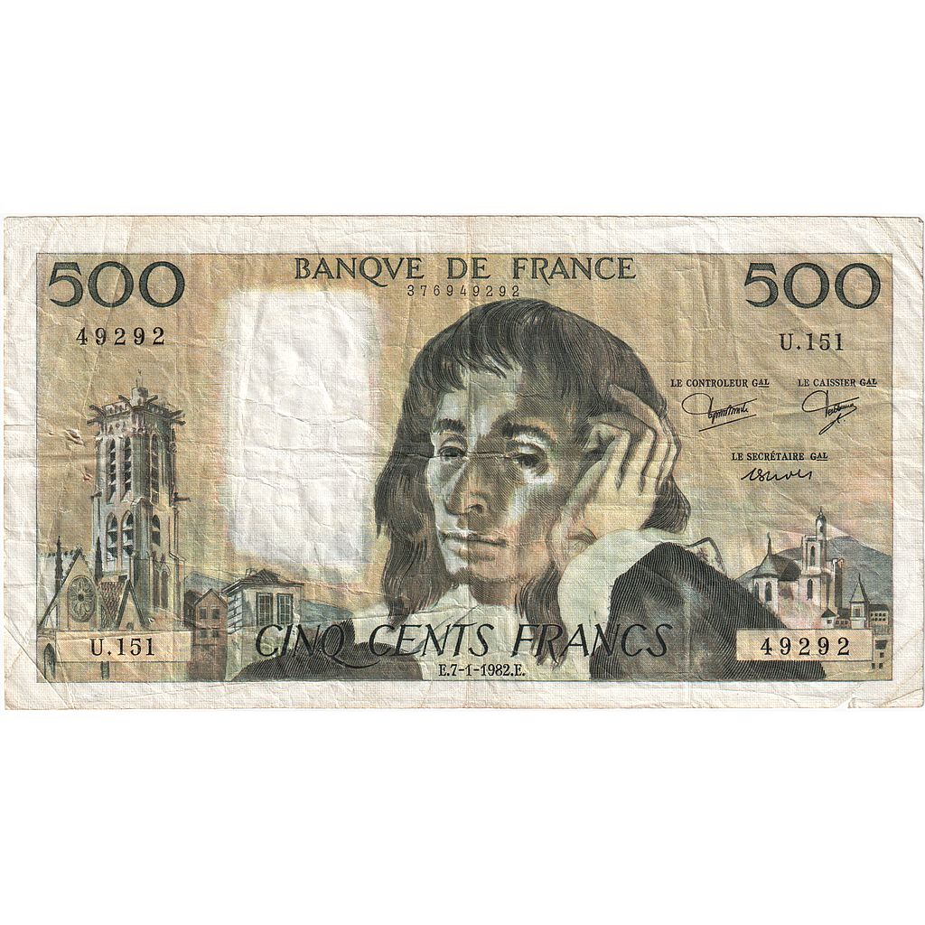 Francja, 500 Francs, Pascal, 1982, U.151, VF(30-35), Fayette:71.26, KM:156e