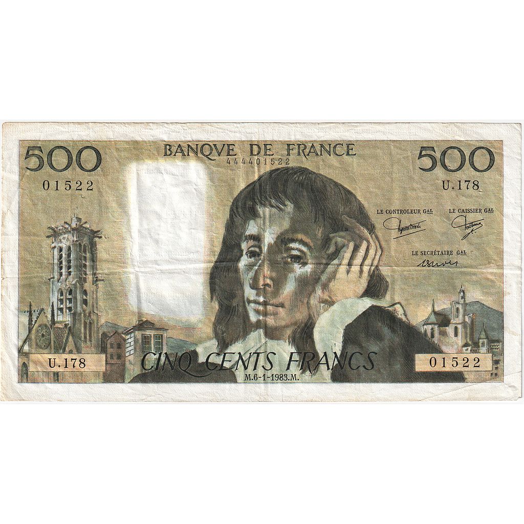 France, 500 Francs, Pascal, 1983, U.178, EF(40-45), Fayette:71.28, KM:156e