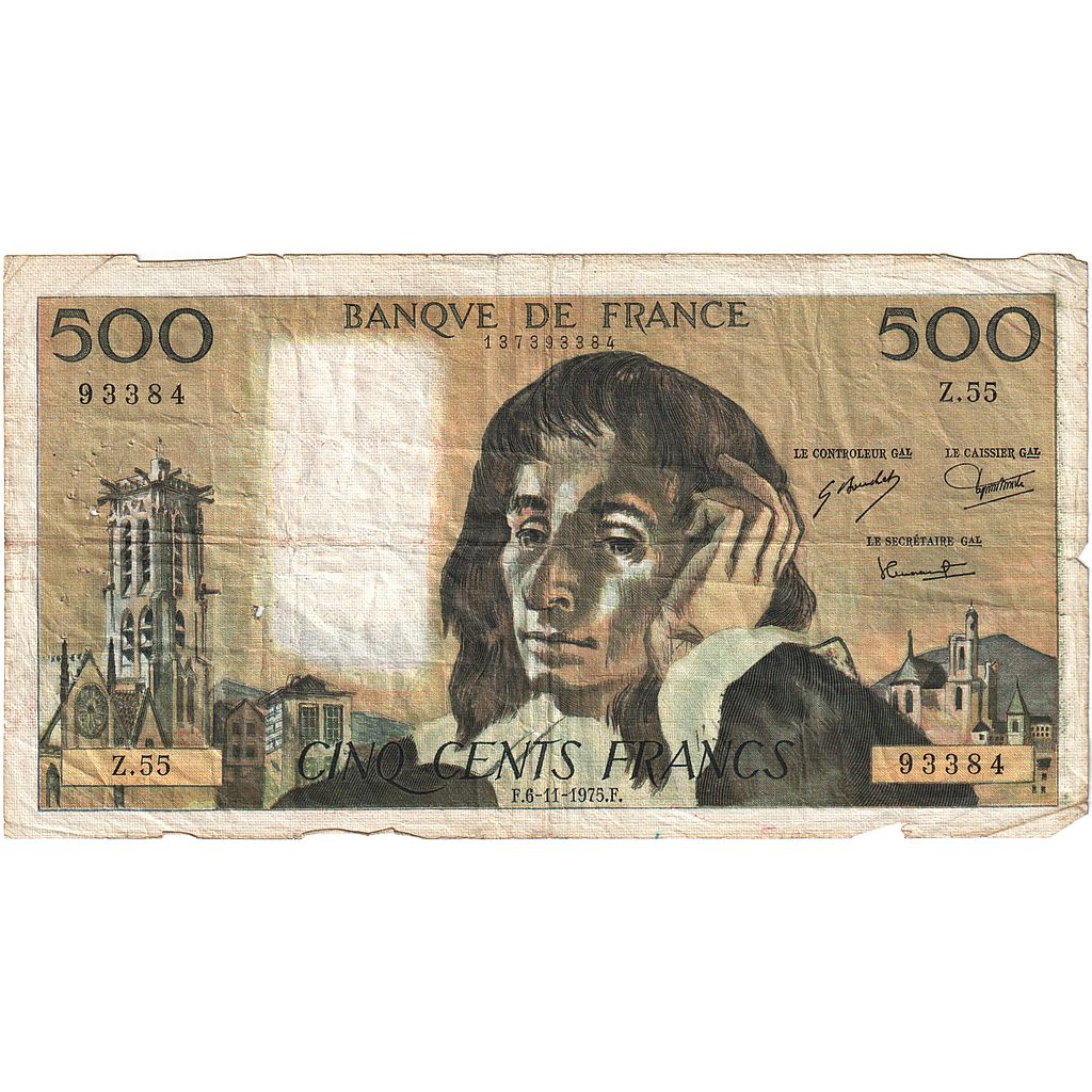 França, 500 Francs, Pascal, 1975, Z.55, VF(20-25), Fayette:71.13, KM:156c