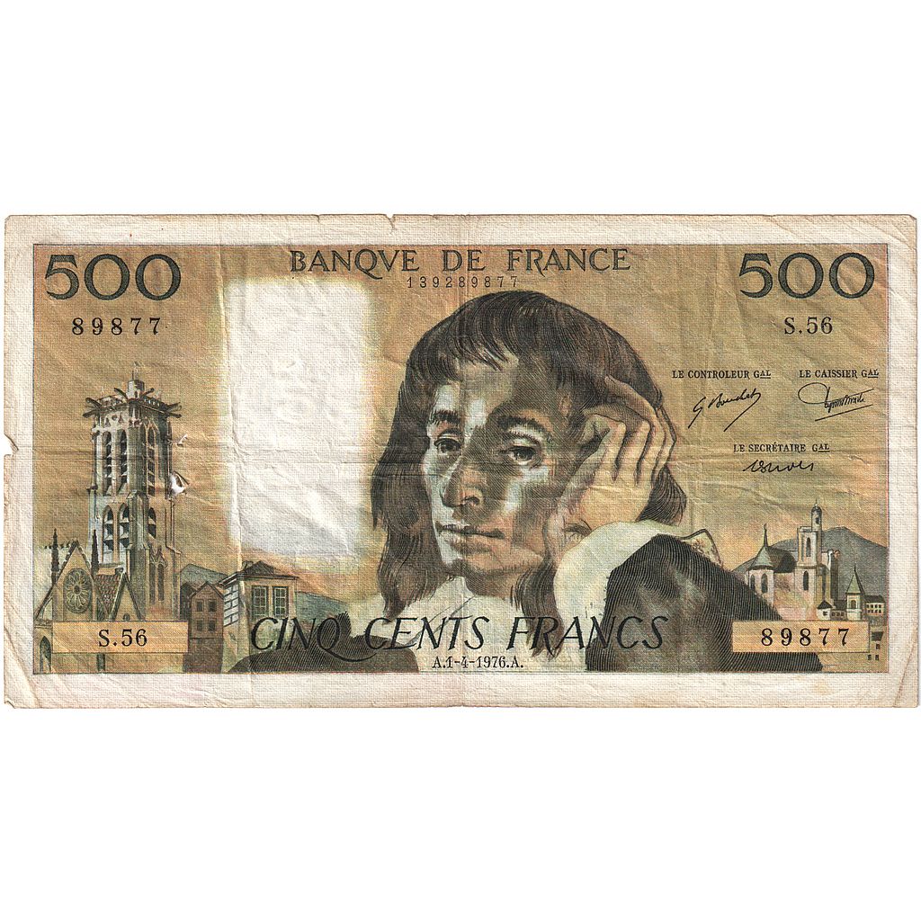 France, 500 Francs, Pascal, 1976, S.56, VF(20-25), Fayette:71.14, KM:156d
