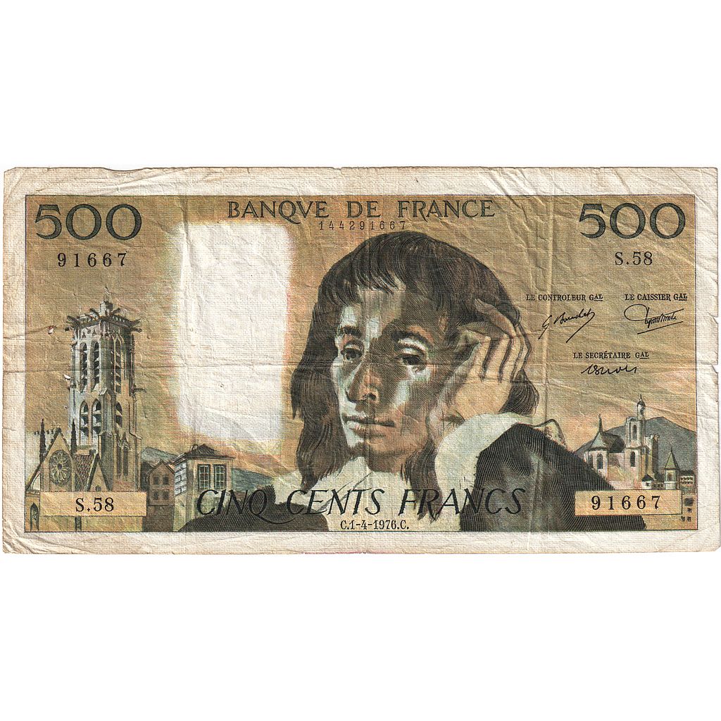 France, 500 Francs, Pascal, 1976, S.58, VF(20-25), Fayette:71.14, KM:156d