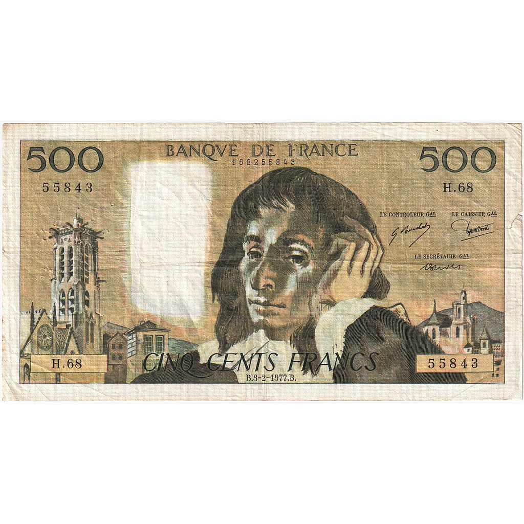 France, 500 Francs, Pascal, 1977, H.68, TB, Fayette:71.16, KM:156d