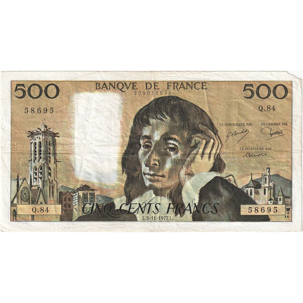 France, 500 Francs, Pascal, 1977, Q.84, VF(20-25), Fayette:71.17, KM:156d