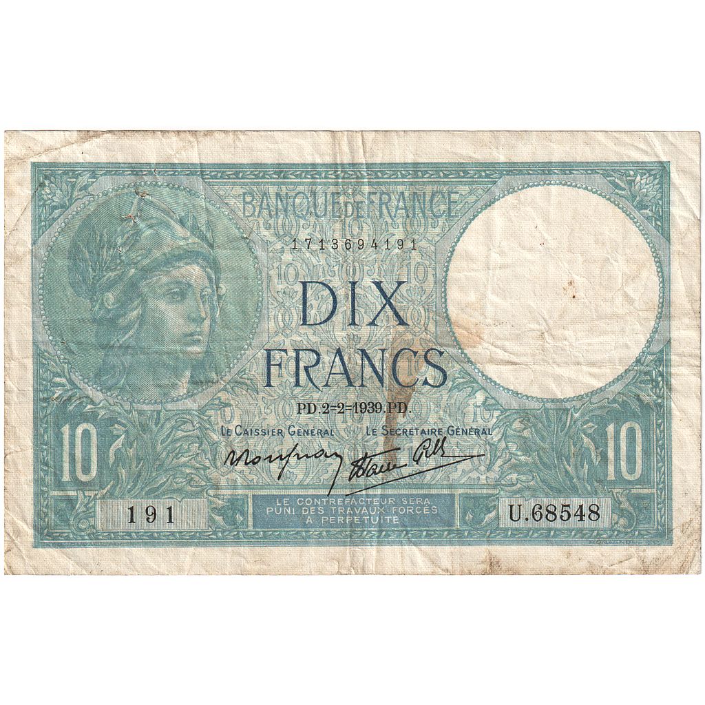 França, 10 Francs, Minerve, 1939, U.68548, VF(20-25), Fayette:07.01, KM:84