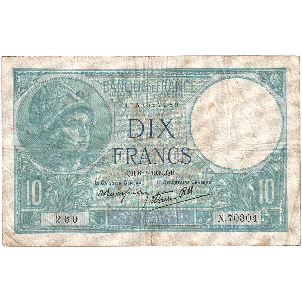 Francia, 10 Francs, Minerve, 1939, N.70304, BC, Fayette:07.04, KM:84