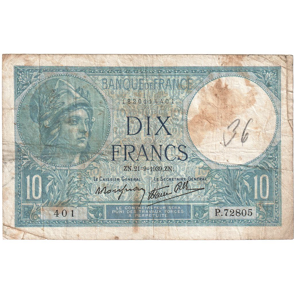 Francia, 10 Francs, Minerve, 1939, P.72805, MB, Fayette:07.08, KM:84