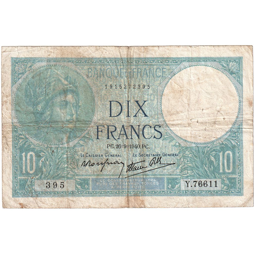 Francia, 10 Francs, Minerve, 1940, Y.76611, MB, Fayette:07.25, KM:84