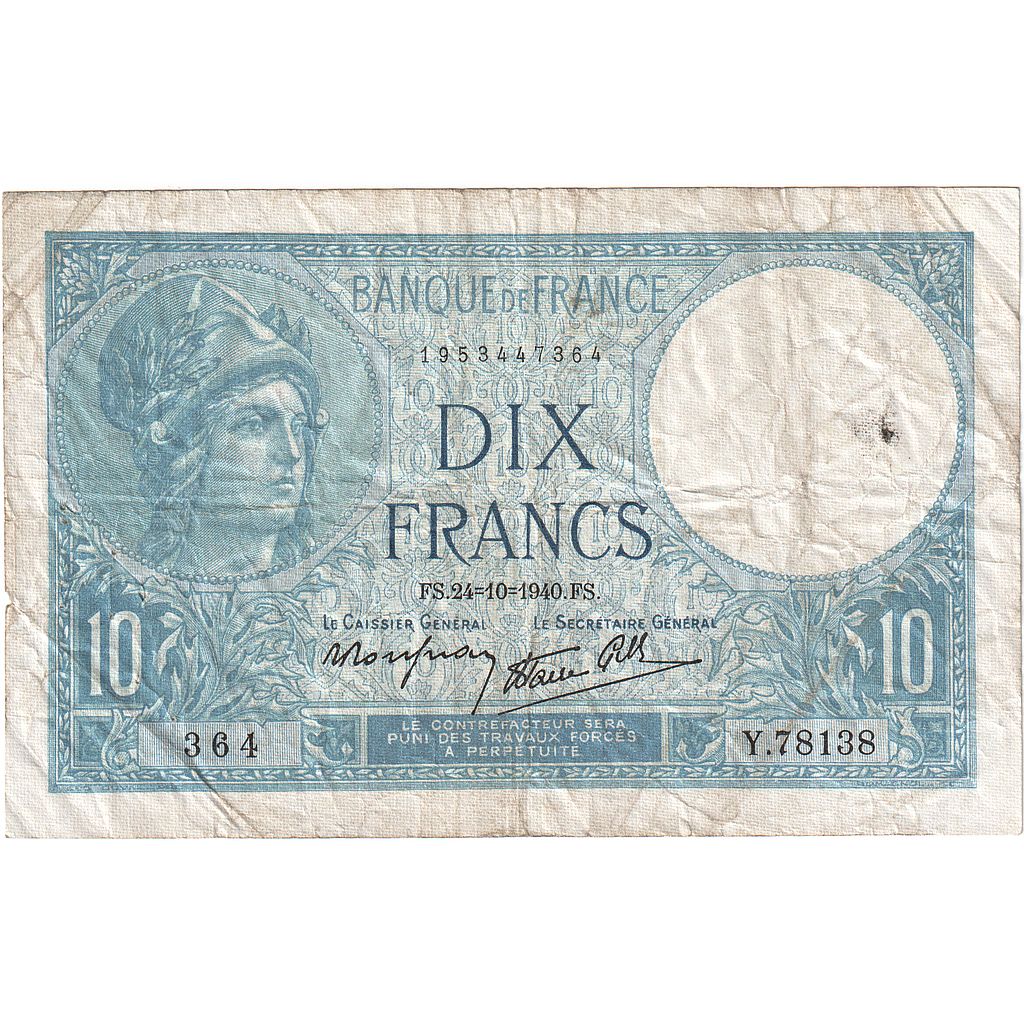 França, 10 Francs, Minerve, 1940, Y.78138, VF(30-35), Fayette:07.18, KM:84