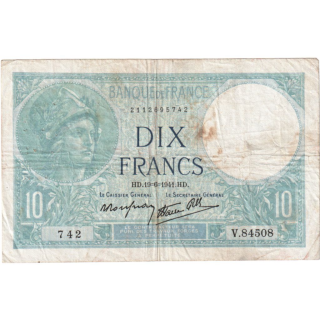 Francia, 10 Francs, Minerve, 1941, V.84508, MB+, Fayette:07.29, KM:84