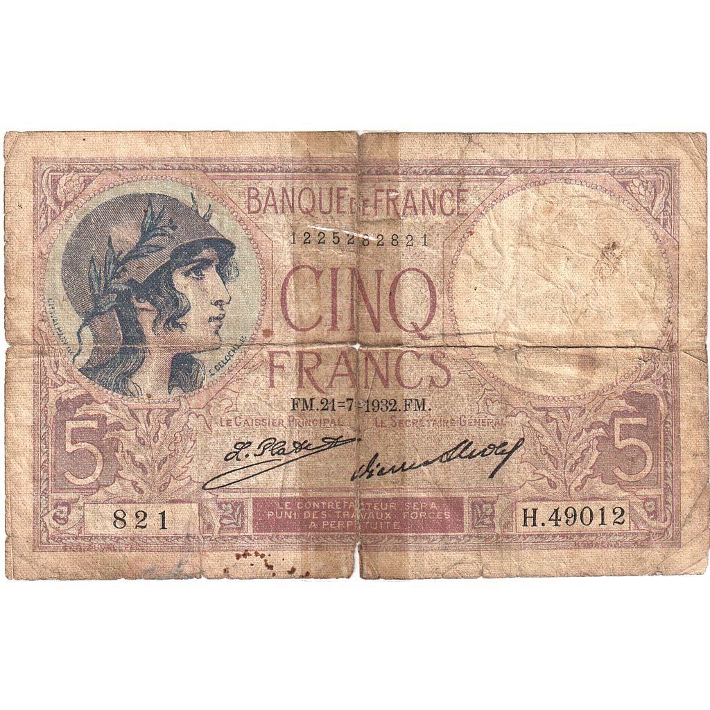 Francia, 5 Francs, Violet, 1932, H.49102, D, Fayette:3.16, KM:72d