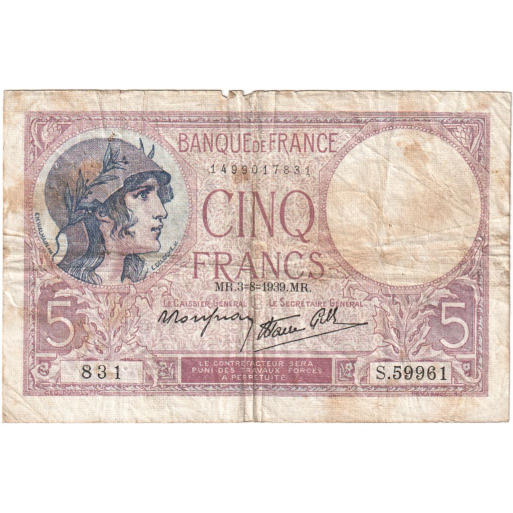Frankreich, 5 Francs, Violet, 1939, S.59961, S, Fayette:04.04, KM:83