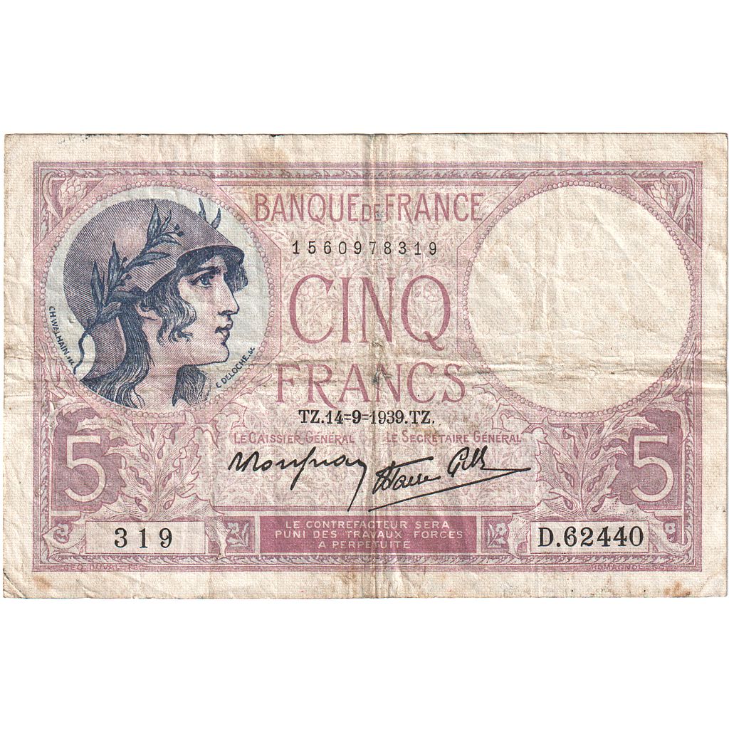 Francja, 5 Francs, Violet, 1939, D.62440, VF(20-25), Fayette:04.08, KM:83