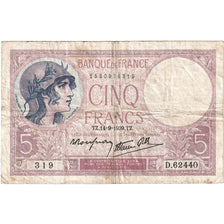 Francja, 5 Francs, Violet, 1939, D.62440, VF(20-25), Fayette:04.08, KM:83