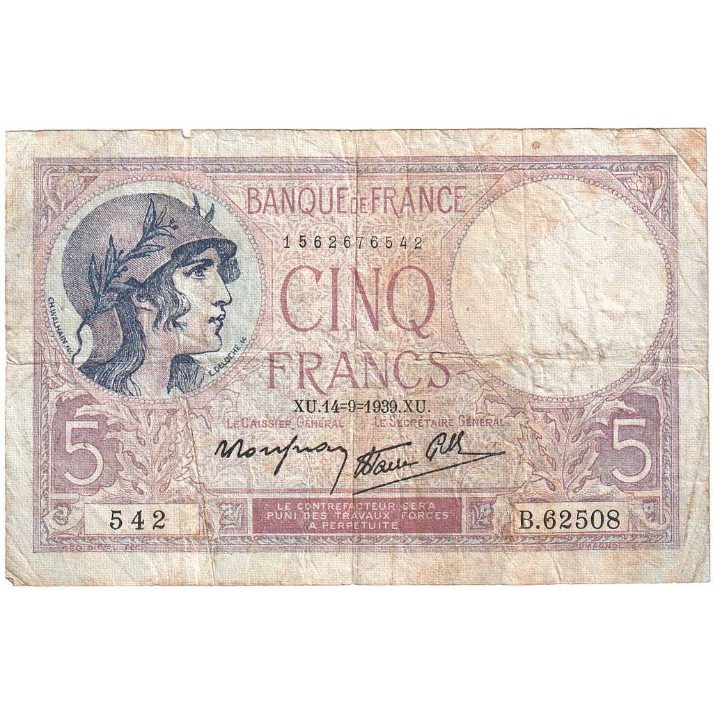 Francia, 5 Francs, Violet, 1939, B.62508, BC, Fayette:04.08, KM:83