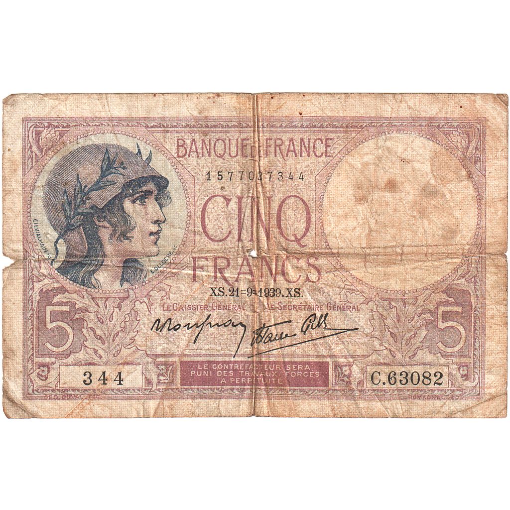 Frankreich, 5 Francs, Violet, 1939, C.63082, SGE+, Fayette:04.09, KM:83