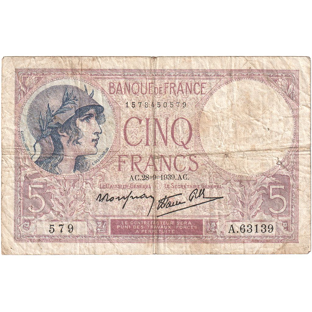 France, 5 Francs, Violet, 1939, A.63139, VF(20-25), Fayette:04.10, KM:83