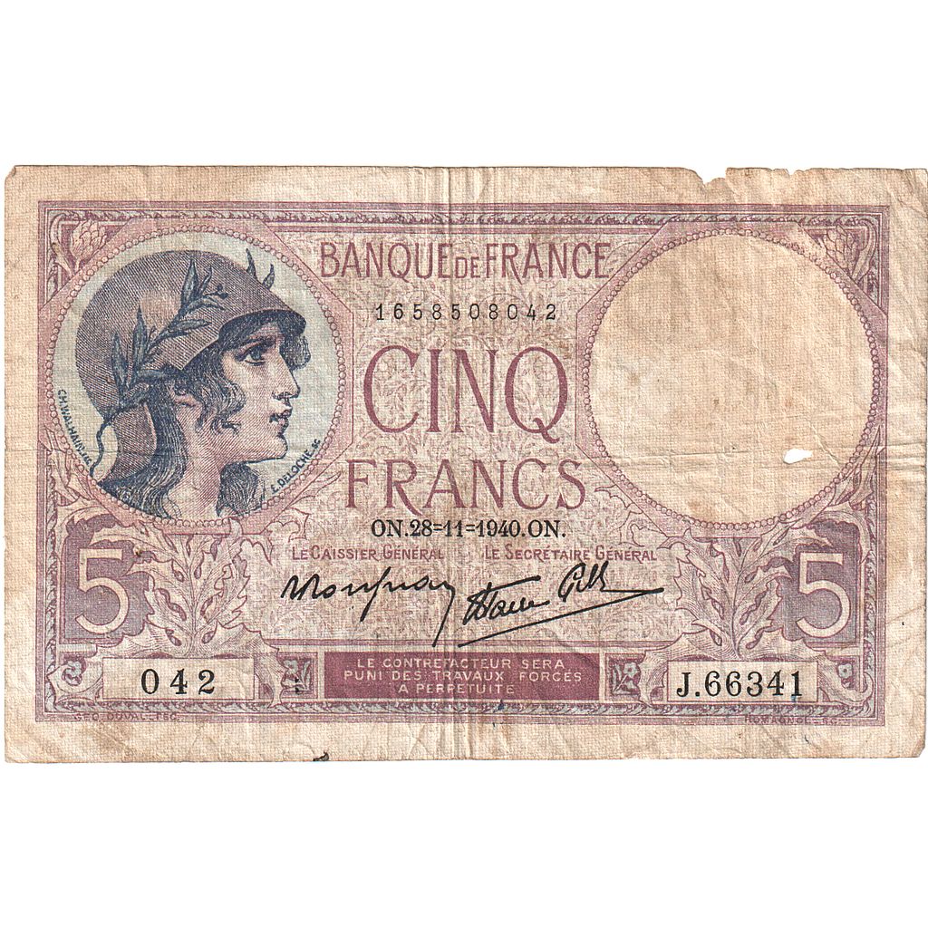 France, 5 Francs, Violet, 1940, J.66341, TB, Fayette:F.04.15, KM:83