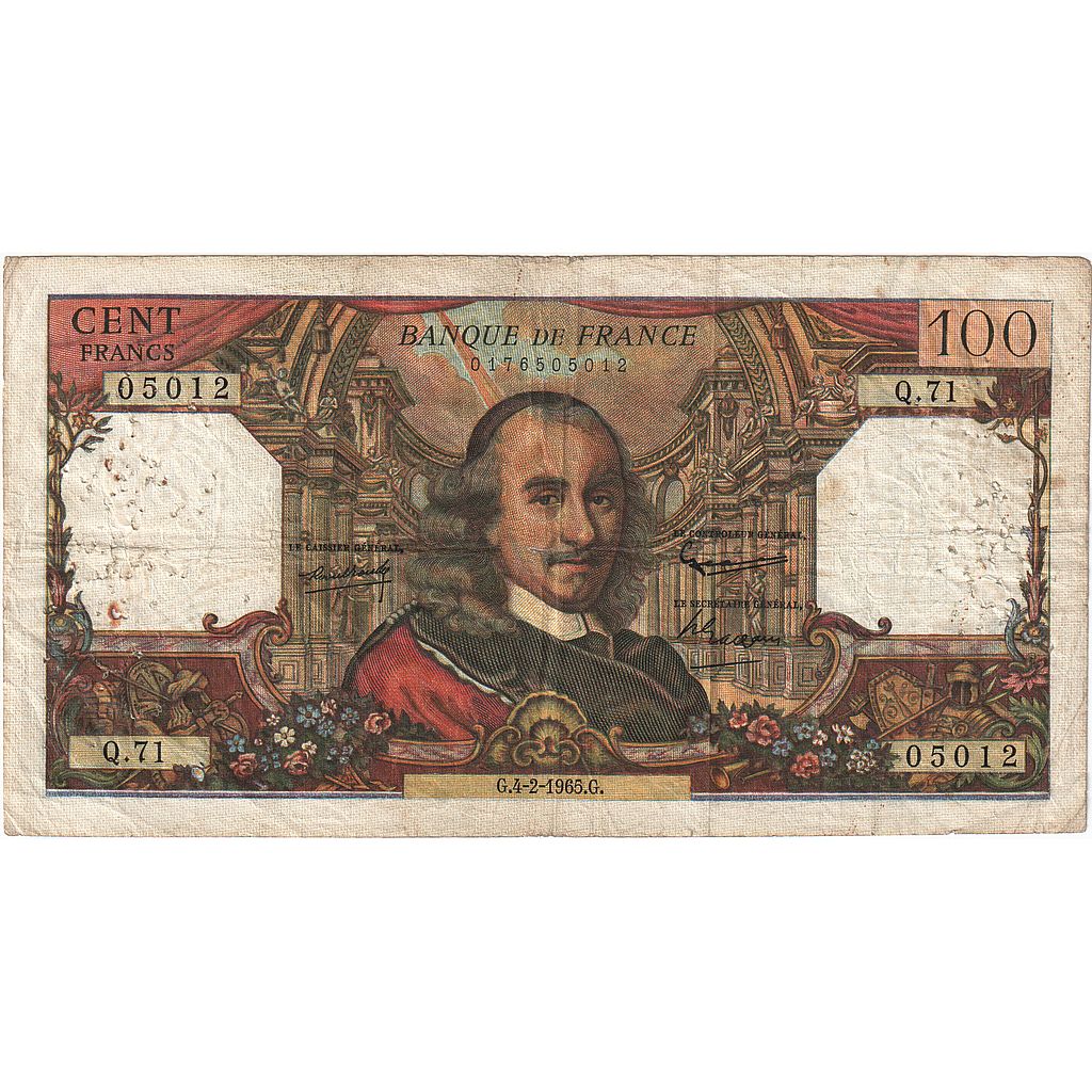France, 100 Francs, Corneille, 1965, Q.71, VF(30-35), Fayette:65.6, KM:149a