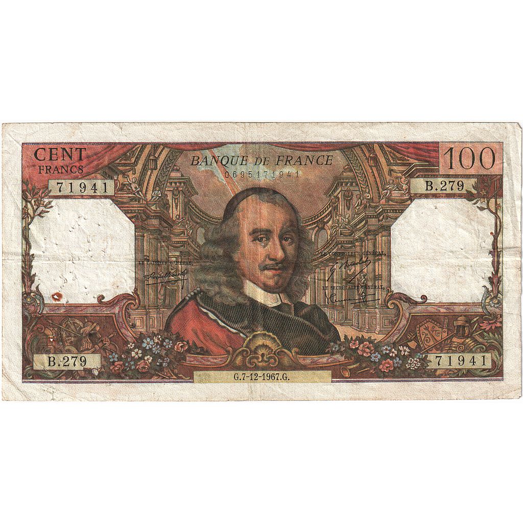 France, 100 Francs, Corneille, 1967, B.279, VF(20-25), Fayette:65.19, KM:154g