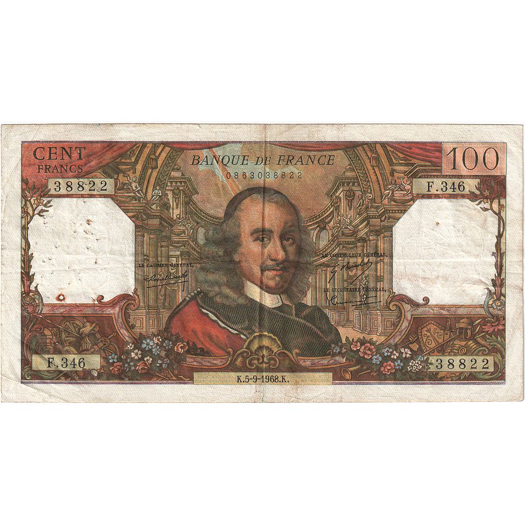 France, 100 Francs, Corneille, 1968, F.346, VF(20-25), Fayette:65.23, KM:154g
