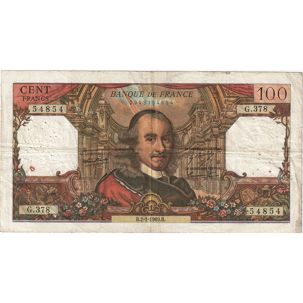 France, 100 Francs, Corneille, 1969, G.378, VF(20-25), Fayette:65.25, KM:154g