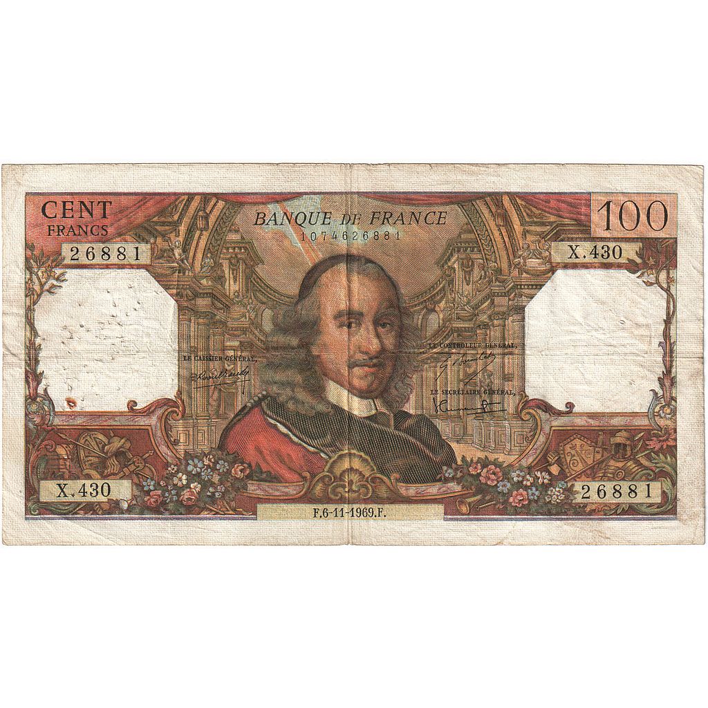 France, 100 Francs, Corneille, 1969, X.430, VF(20-25), Fayette:65.28, KM:154g