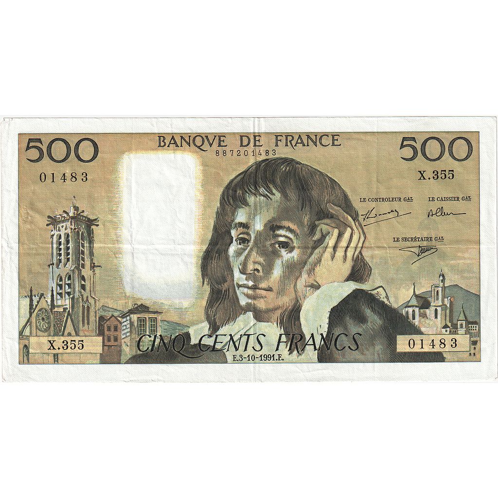 France, 500 Francs, Pascal, 1991, X.355, EF(40-45), Fayette:71.48, KM:156i