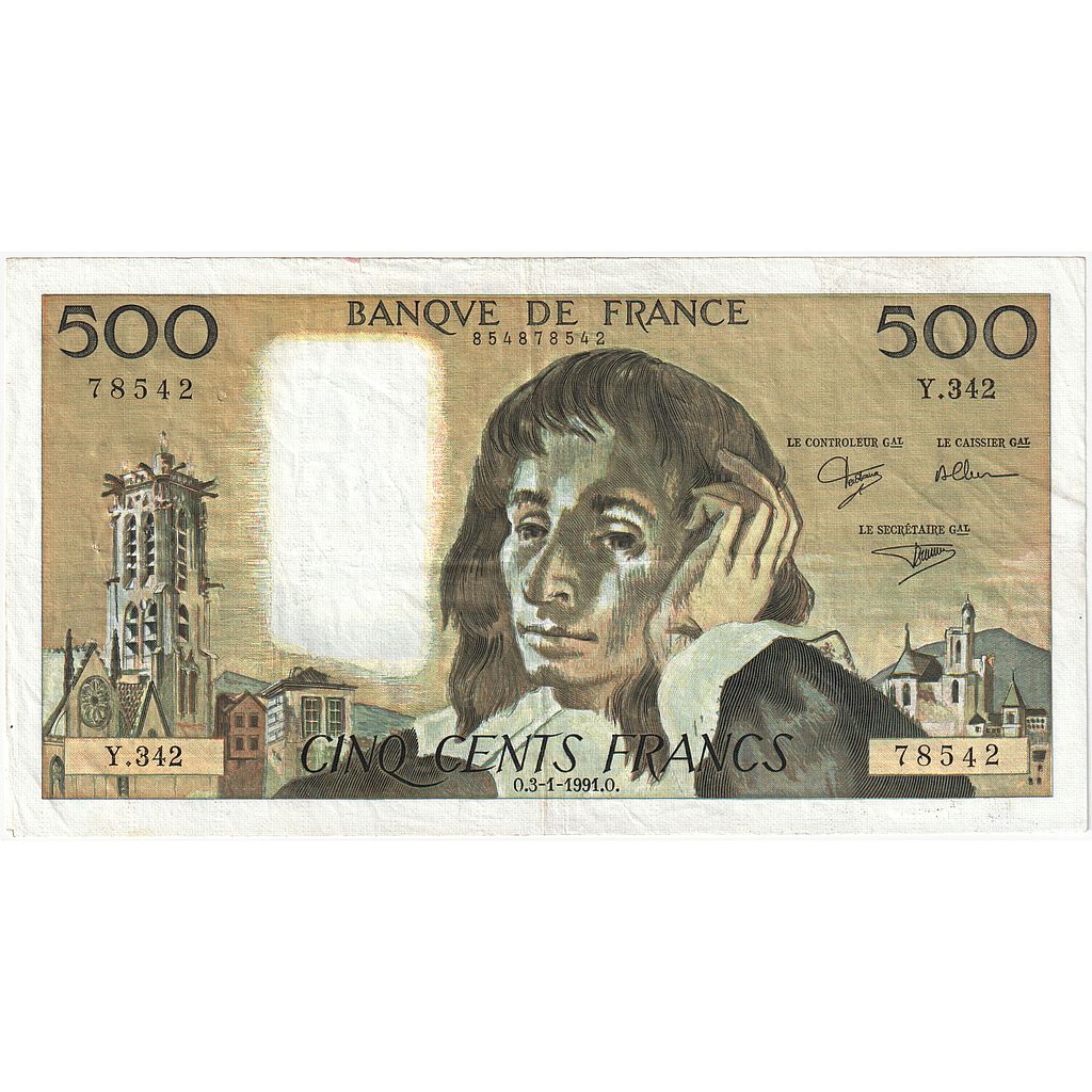 Francia, 500 Francs, Pascal, 1991, Y.342, BB, Fayette:71.48, KM:156i