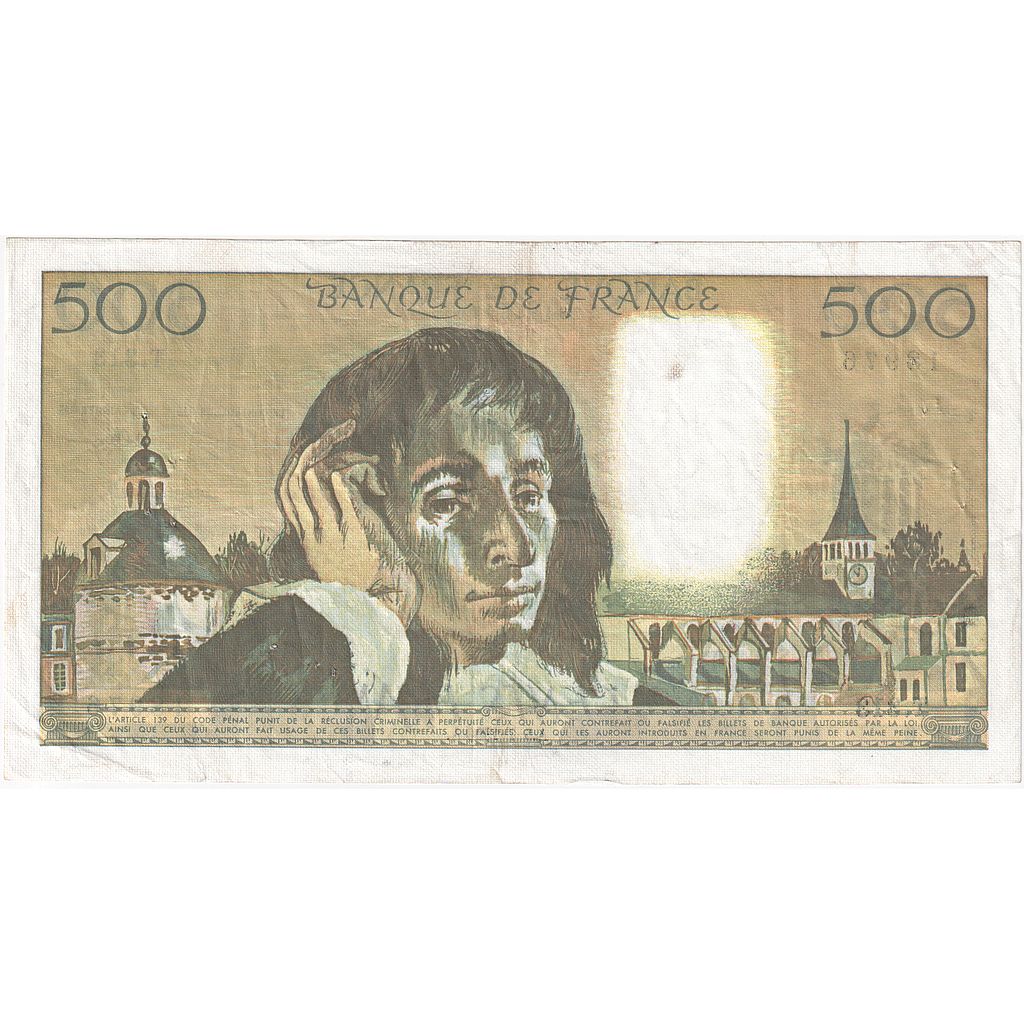 França, 500 Francs, Pascal, 1990, T.313, AU(50-53), Fayette:71.48, KM:156h