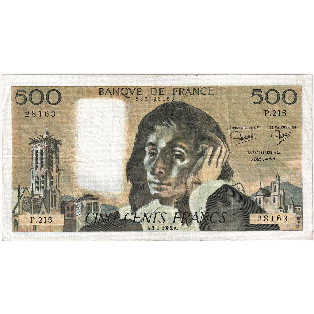 Francia, 500 Francs, Pascal, 1985, P.215, BB, Fayette:71.32, KM:156e