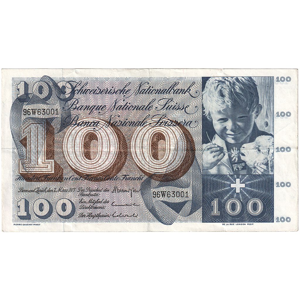 Banconote, Svizzera, 100 Franken, 1973, 1973-03-07, KM:49o, BB