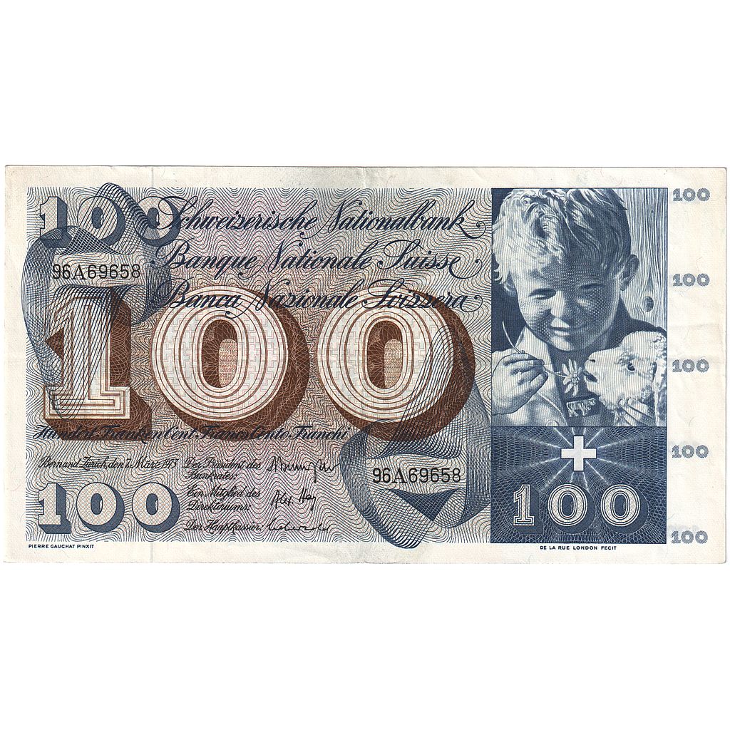 Banconote, Svizzera, 100 Franken, 1973, 1973-03-07, KM:49o, BB+