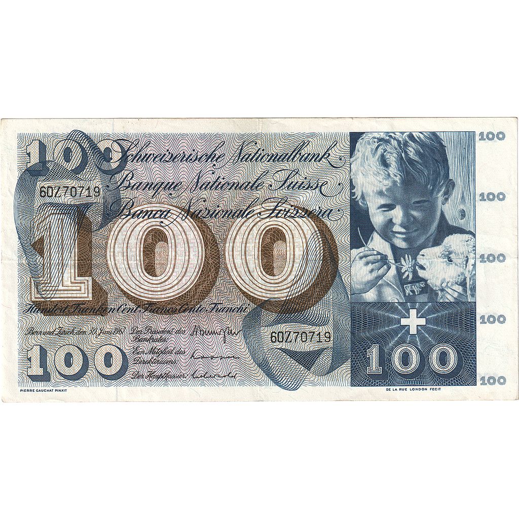 Nota, Suíça, 100 Franken, 1954-1961, 1967-06-30, KM:49j, EF(40-45)